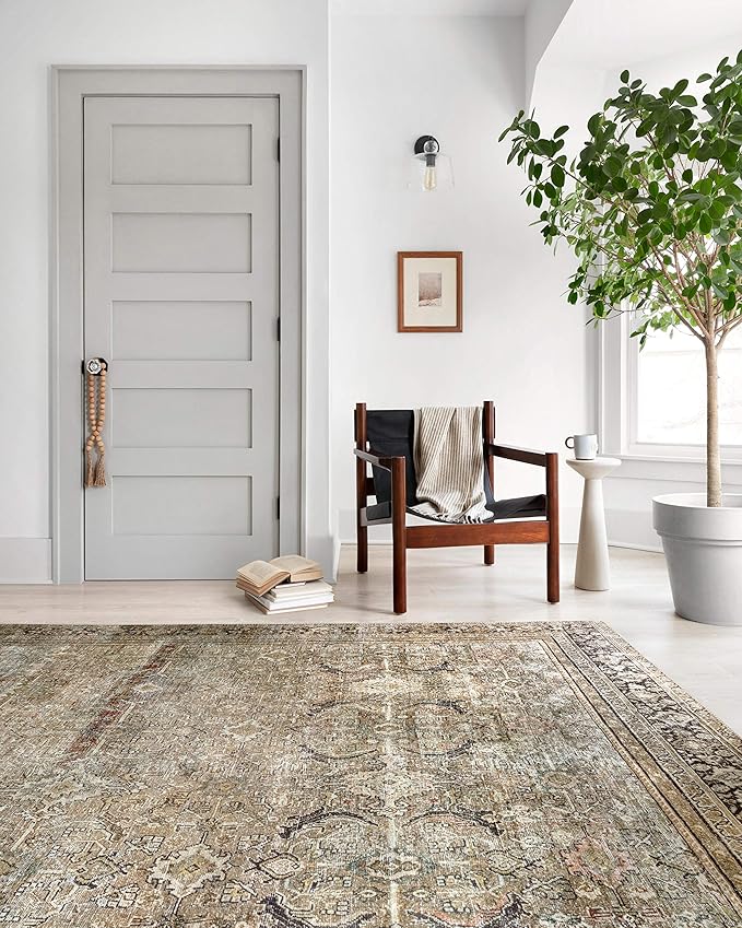Loloi Layla Collection LAY-03 Olive/Charcoal 9'-0" x 12'-0" .13" Thick Area Rug, Soft, Durable, Vintage Inspired, Distressed, Low Pile, Non-Shedding, Easy Clean, Printed, Living Room Rug