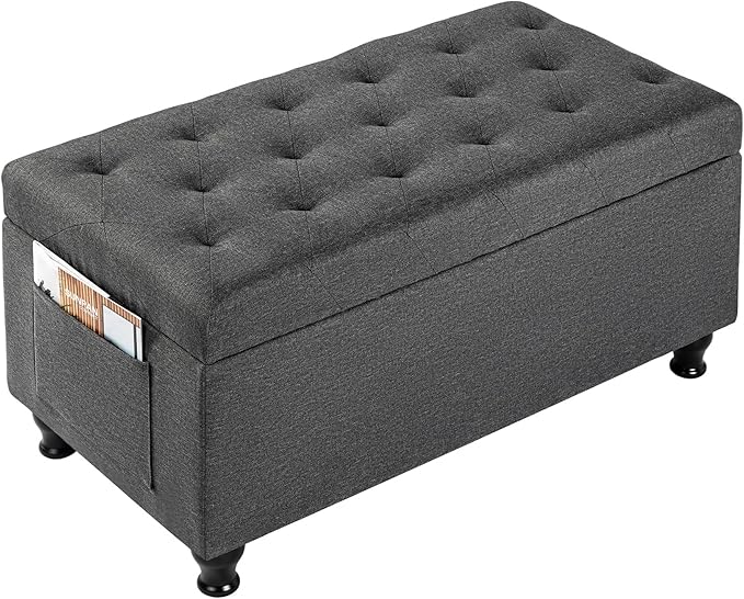 Ottoman with Storage 32'' Ottoman Storage Bench Linen Fabric Ottomans Footstools Upholstered Foot Rest Stool for Couch, Living Room, Bedroom, Entrance Shoe Bench Dark Gray
