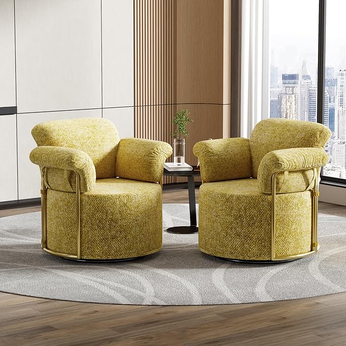 KEIKI Modern Comfy Swivel Accent Reading Chair, 360°Round Upholstered Barrel Armchair Single Club Lounge Sofa Chairs for Living Room,Bedroom, Office,Yellow