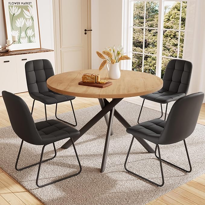 45.3 Inch Round Dining Table Set for 4, Mid Century Modern Small Kitchen Coffee Set for Dining Room Kitchen Apartment (Oak Table + 4 U-Shaped Black Chairs)