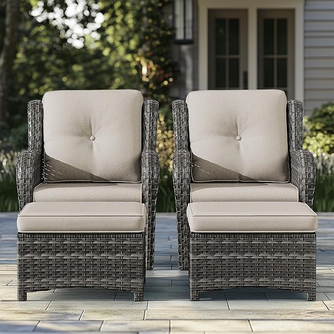 4 Pieces Patio Conversation Set, Wicker Chairs Set of 2 and Two Ottomans with 3.5-inch Seat Cushions, High Back and Curved Armrest for Backyard, Balcony and Deck, Beige