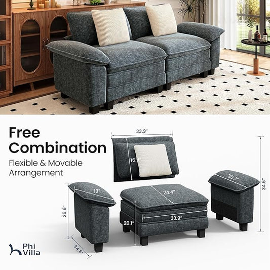 PHI VILLA Indoor Modular Couches Sets, 87.5" Sectional Loveseat Sofa with Upholstered Deep Seat, 2-Seater Comfy Couches for Living Room Bedroom, Chenille Fabric, Dark Cyan