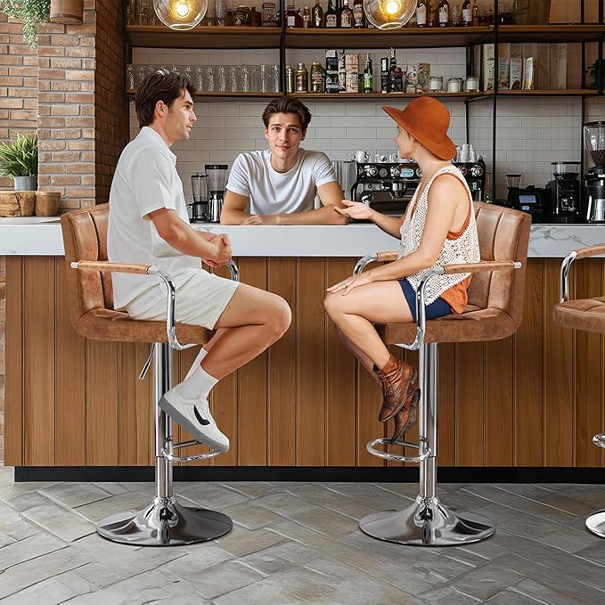 Yaheetech Bart Stools Set of 4, PU Leather Adjustable Barstools with Armrest, Counter Height Stool Chairs with Thickened Seat Cushion for Kitchen Island, Retro Brown