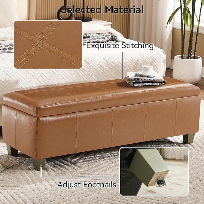 51" Faux Leather Storage Ottoman, Stitch Tufted Rectangle Upholstered End of Bed Storage Bench, Entryway Large Couch Ottoman with Wooden Legs, Light Brown