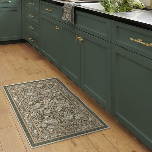 RUGGABLE x Morris & Co Machine Washable Area Rug – Strawberry Thief Stone Gold 2x3, Stain-Resistant, Non-Slip – Small Rugs for Living Room, Bedroom, Hallway, Entryway & Bathroom–with Cushioned Pad