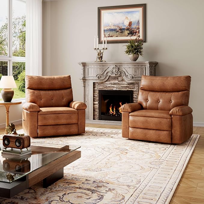 GarveeHome Oversized 27" Recliner Chairs, Classic Manual Leather Recliner, Home Theater Seating with Lumbar & Arms Support for Living Room, Bedroom and Nursery - Coffee