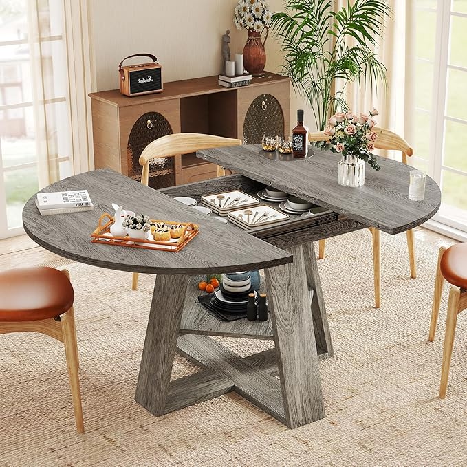 Aivermel 43.3‑59 in Extendable Oval Dining Table for 4‑6, Engineered Wood Round Dining Table with Hidden Extension Storage & Bottom Shelf, Space‑Saving Modern Kitchen Living Room Tables (Vintage Grey)
