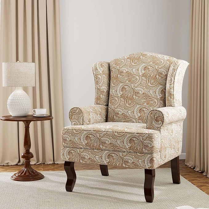 Accent Chair, High Back Upholstered Armchair with High Resilience Sponge & Wood Legs, Mid-Century Modern Comfy Single Sofa Reading Chairs for Living Room, Bedroom (Floral Sand, Set of 1)
