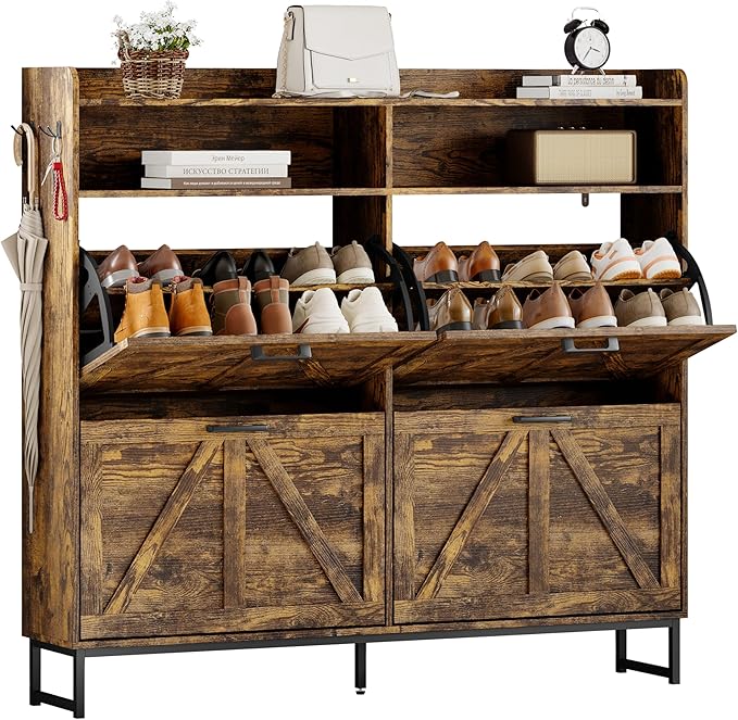 Shoe Cabinet Storage for Entryway, Shoe Storage Cabinet with 4 Flip Drawers, Freestanding Narrow Shoe Rack Organizer with Metal Legs, Adjustable Shelves & Open Storage for Foyer, Hallway, Brown