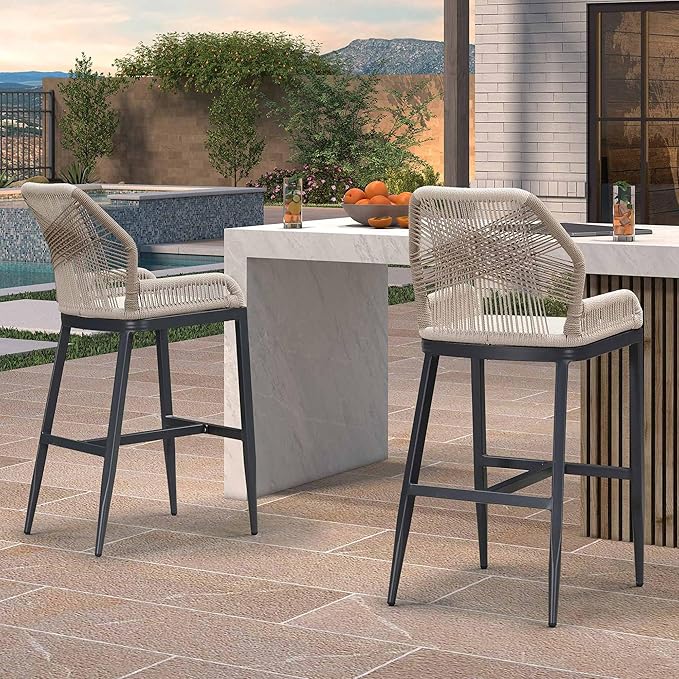 PURPLE LEAF 2 Pieces Bar Stools Patio Modern Rattan Barstools Aluminum Woven Tall Bar Chairs with Cushions for Outdoor Kitchen Island Garden