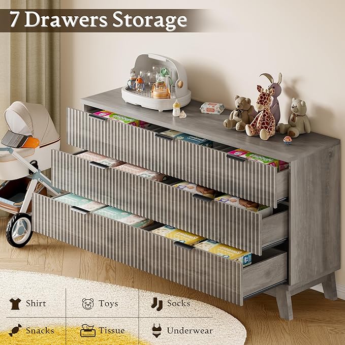 57" Long Dresser for Bedroom, 7-Drawer Fluted Chest, Wide Wood Storage Dresser with Metal Slides and Handles, Stable Base, Modern Clothes Organizer for Primary Suite, Guest Room, Nursery