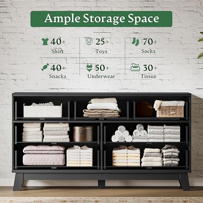 Fluted Dresser with 7 Drawers, 58" Wide Wood Chest of Drawers with Metal Handle, Wooden Dresser TV Stand, Modern Closet Clothes Storage Organizer for Bedroom, Living Room, Hallway, Solid Black