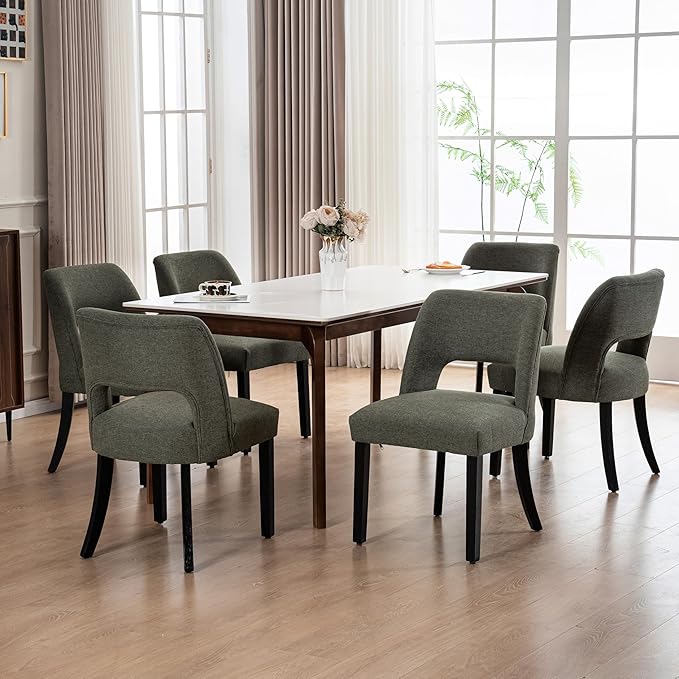 VKNOW Wooden Dining Chairs Set of 6, Modern Fabric Upholstered Dining Room Chair Kitchen Chairs, Farmhouse Dinner Chair for Kitchen Dining Room, Green-Black Legs