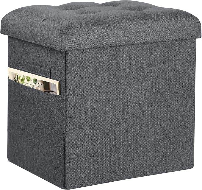 Storage Ottoman, Foot Rest Stool with Thicker Foam Padded Seat. 61L Slim Tall Foldable Linen Footstool Storage Bench Small Ottoman for Living Room, Bedroom. 350lbs Load Capacity, 17x13x17in, Dark Gray