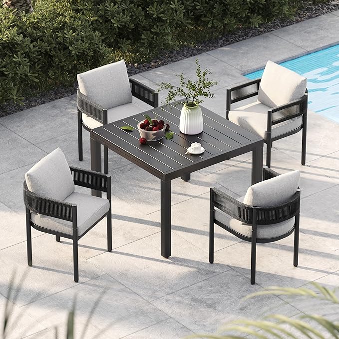 Grand patio 5-Piece Outdoor Dining Set for 4 with 1 Rectangle Expandable Table for 4-6 Person, Metal Woven Wicker Fixed Patio Chairs with Thickened Cushions for Yard, Poolside (Black)