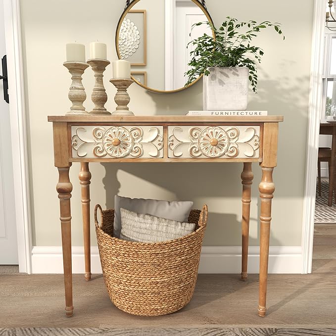 Deco 79 Wood Floral Intricately Carved 2 Drawers Console Table, 36" x 16" x 33", Brown