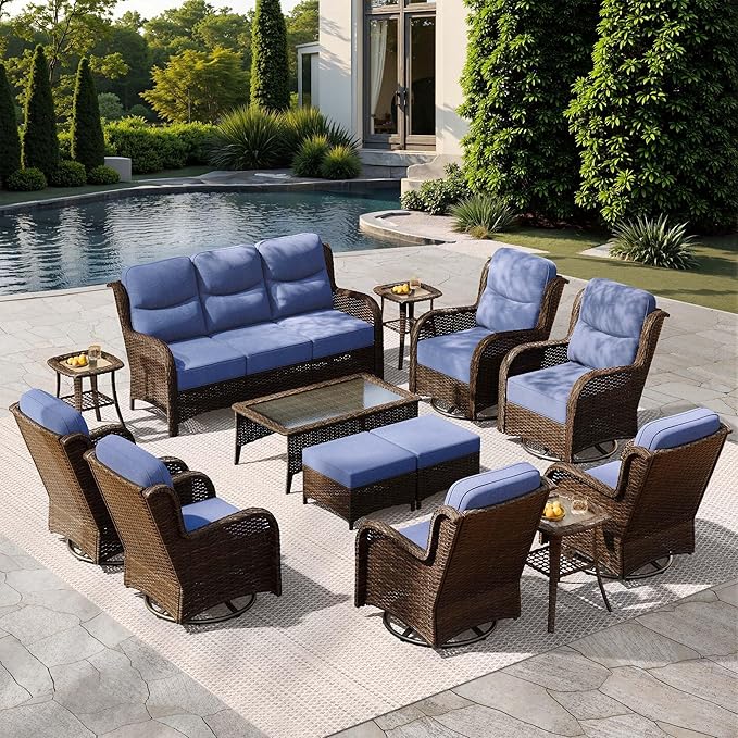 HILLGA Luxury Patio Furniture Set with 6-Inch Thick Cushions, High Back Outdoor Swivel Rocker Chairs and Patio Couch, 13-Piece All Weather Conversation Set for Porch Deck Pool Yard, Blue (V3)