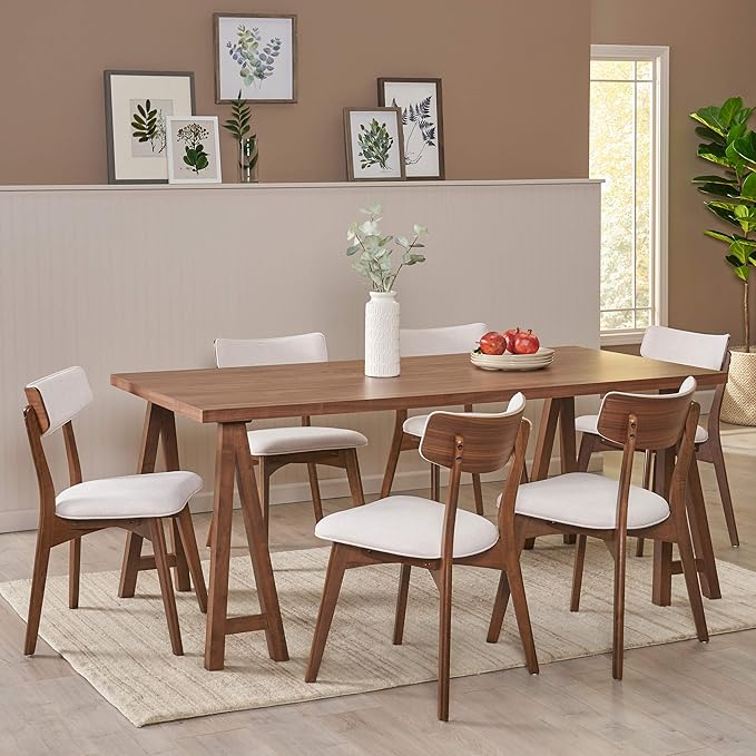 Christopher Knight Home Rachel Mid-Century Modern 7 Piece Dining Set with A-Frame Table, Light Beige + Walnut