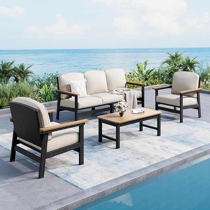 HDPE Outdoor Patio Furniture 4-Piece Set, All Weather Modern Patio Conversation Sets with Wood-grain Extended Table, Outdoor Patio Couch Set, Black Frame with Beige 4.7" Thick Cushions