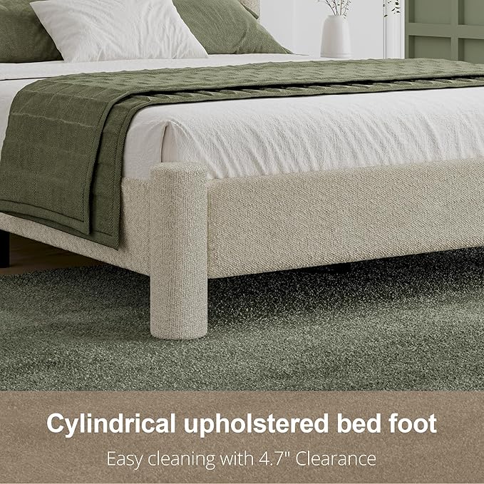 Queen Size Bed Frame, Boucle Upholstered Platform Bed with Headboard and Footboard, Soft Rounded Corners, No Box Spring Required, Easy Assembly, Cream