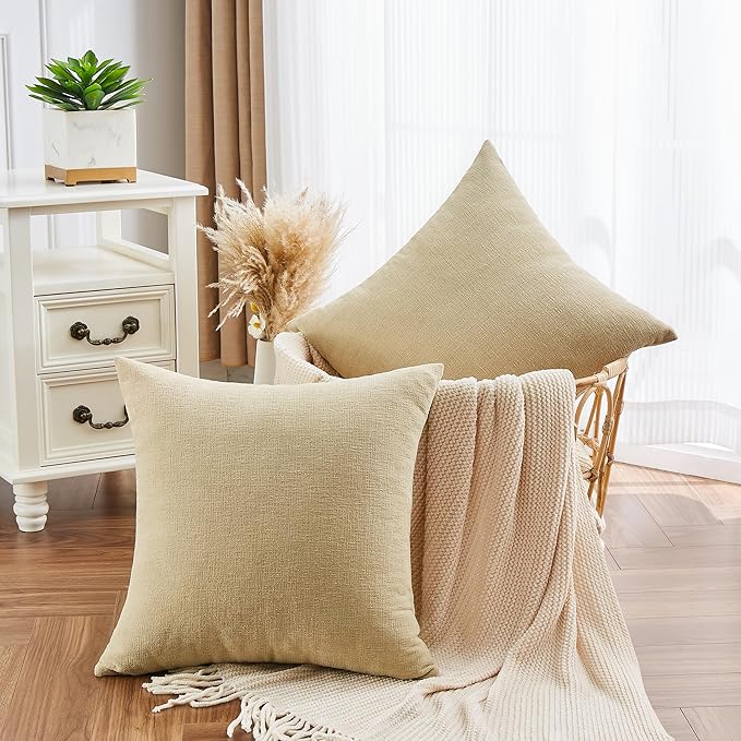 GAWAMAY Decorative Square Throw Pillow Covers 22x22 Inch Set of 2, Super Soft Chenille Pillows Farmhouse Fall Pillowcase for Living Room Bedroom Sofa Couch Cushion Cover Khaki 55x55cm (No Insert)