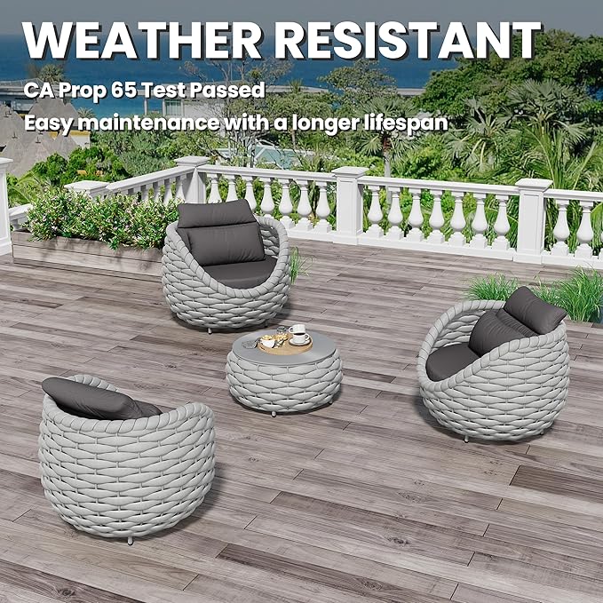 4 Pieces Courtyard Seating Set: Aluminum Woven Rope Patio Furniture Chair Set - All Weather Metal Outdoor Conversation Set - Assembled Armchair w/Table for Bistro Deck Porch Balcony Pool Hotel