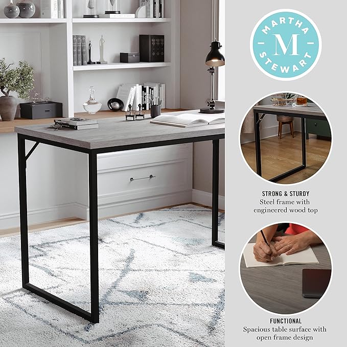 Martha Stewart Noah Home Office Parsons Desk in Gray Wood Grain with Oil Rubbed Bronze Metal Frame