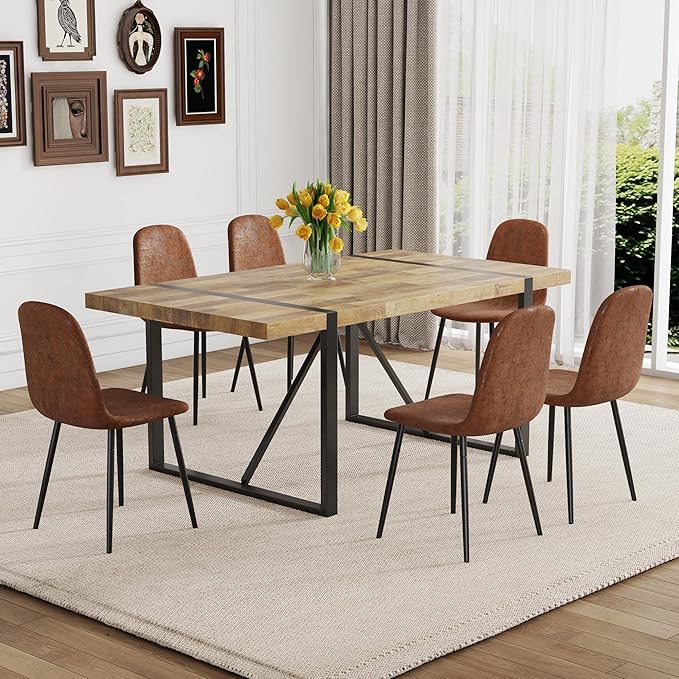 Dining Table Set for 6,Dinner Table Set for 6,71'' Kitchen Table and PU Leather Chairs Set of 6,6 Chair Dining Table Set for Kitchen Dining Room