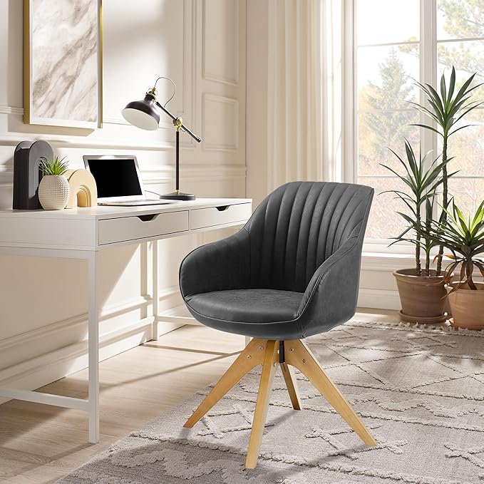 Zouron Mid Century Modern Accent Chair with Oak Wood Legs, Upholstered Swivel Chair No Wheels, Side Accent Armchair Vanity Chair for Small Space Home Office Living Room Bedroom, Black
