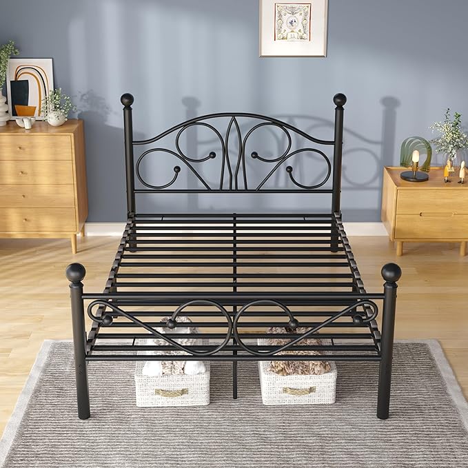 Metal Full Single Bed Frame with Storage Space, 74.8" in Steel Bed Frame with Protective Foot Pads, Strong Bearing Capacity Full Size Bed, Easy Assembly, Underbed Storage Space(40.1 inch)