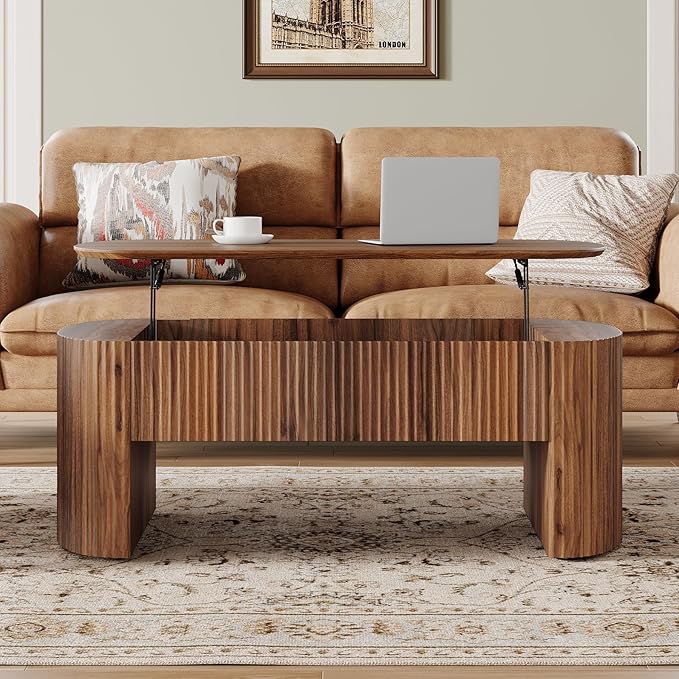 Tribesigns 47-Inch Oval Lift Top Coffee Table with Storage Shelf for Living Room, Rustic Lift Up Tabletop Mid Century Center Tables with Hidden Compartment, Rustic Brown
