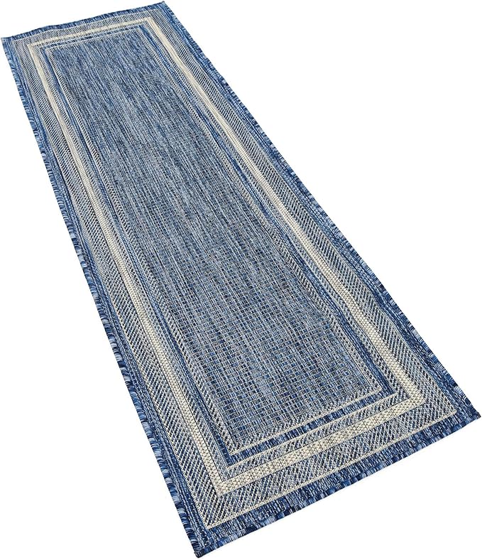 Unique Loom Outdoor Border Collection Area Rug - Soft Border (2' x 6' 1" Runner, Blue/ Ivory)