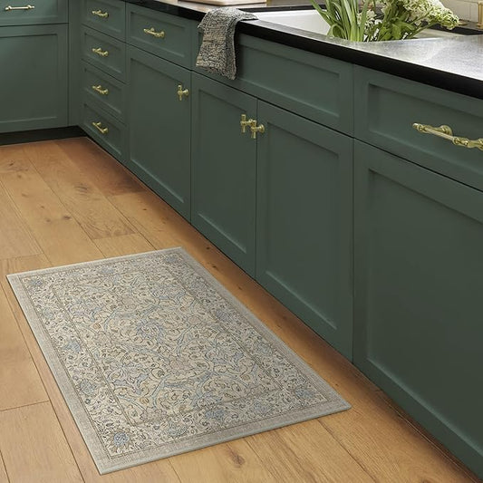 RUGGABLE x Morris & Co Washable Area Rug – Montreal Natural Blue 2x3, Stain-Resistant, Non-Slip – Small Machine Washable Rugs for Living Room, Bedroom, Hallway, Entryway & Bathroom–with Cushioned Pad