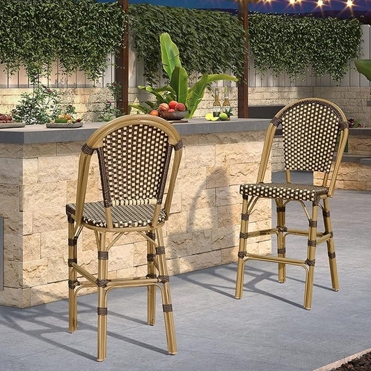 PURPLE LEAF French Counter Height Bar Stool Set of 2 25" Bamboo Print Finish Patio Bar Chairs with Back Rattan Bar Chairs French Bistro Set for Kitchen Outdoor Counter Stool Brown