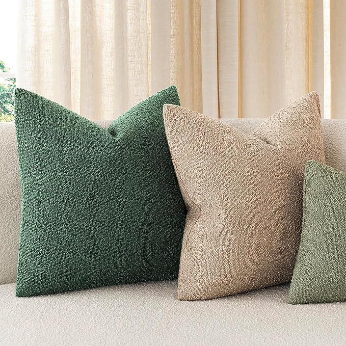 Foindtower Pack of 2, Decorative Textured Boucle Throw Pillow Covers Neutral Accent Solid Pillow Cases Soft Couch Cushion Case for Chair Sofa Bedroom Living Room Home Decor 22x22 Inch Pine Green