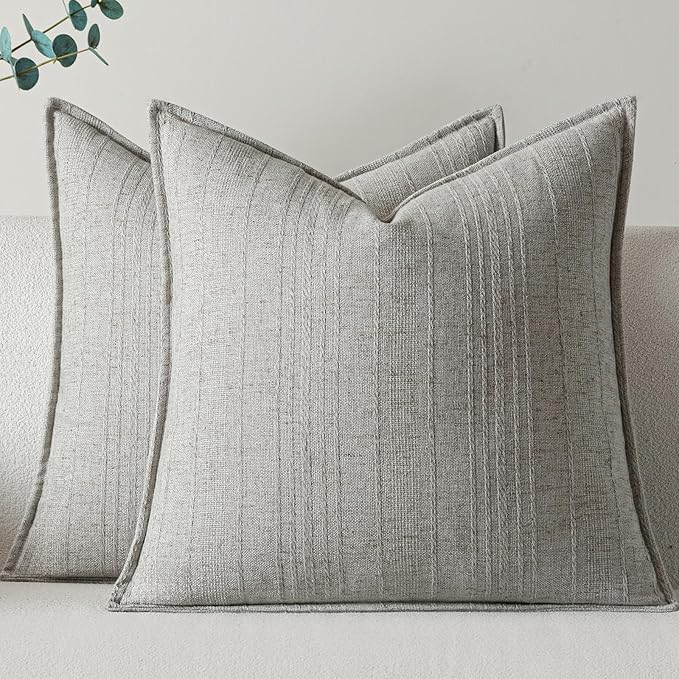 a moment Linen Pillow Covers Set of 2,Boho Farmhouse Throw Pillowcases Neutral Textured Decorative Covers for Couch Sofa, Soft Linen Blend Accent Case Cushion Living Room Home Decor 24"x24"Light Grey
