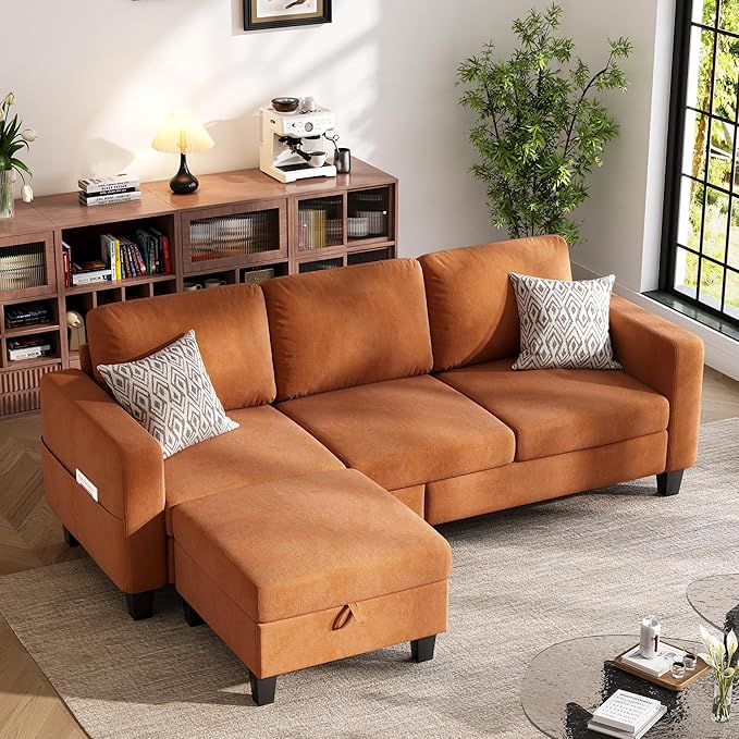 Sectional Sofa and Couches for Living Room, 78'' Orange 3 Seat L-Shaped Couch with Movable Ottoman, Comfy Velvet Convertible Sectionals Sofas with Chaise for Apartment, Office, Small Space