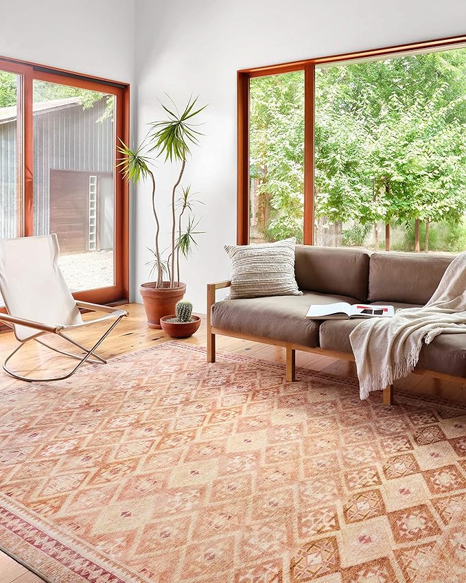 Loloi Layla Collection LAY-16 Natural/Spice 7'-6" x 9'-6" .13" Thick Area Rug, Soft, Durable, Vintage Inspired, Distressed, Low Pile, Non-Shedding, Easy Clean, Printed, Living Room Rug