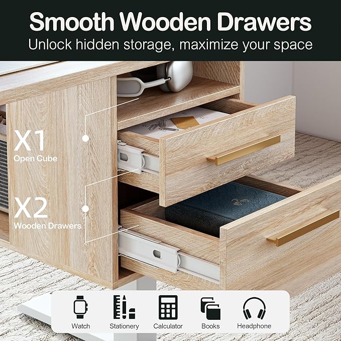 Standing Desk with 4 Drawers, 47.2 x 23.6 Inch Whole Piece Height Adjustable Electric Sit Stand Desk, Computer Home Office Workstation with Open Storage Shelf, Light Walnut