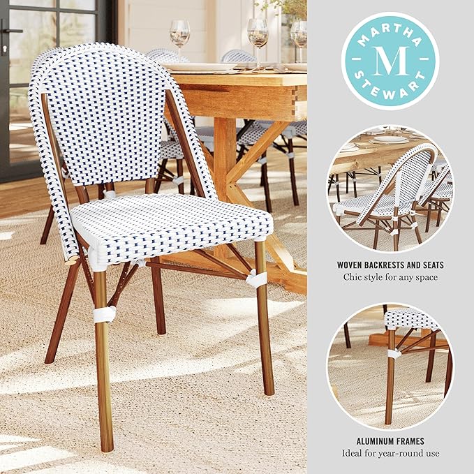 Martha Stewart Lily Pond Indoor-Outdoor Stackable Aluminum Bistro Chair with Natural Woodgrain Frame Finish and White/Navy Woven Rattan Backrest and Seat