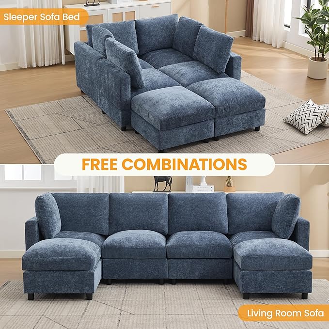 4-Seater Modular Sectional Cloud Sofa with 2 Ottomans, U-Shaped Couch for Living Room, Modern Deep Seat Sofa with Soft Back Cushions, Chenille Blue