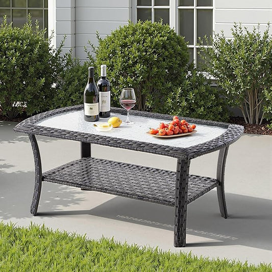 2 Pieces Wicker Patio Furniture Loveseat with Table - Outdoor Rattan Patio Bistro Set of 2,All-Weather PE Wicker Conversation Sofa High Back Deep Seating for Deck Porch Yard,Blue