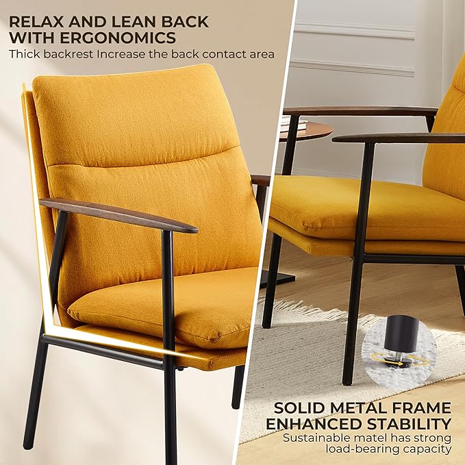 Art Leon Accent Chair- Mid Century Modern Accent Chairs Upholstered Fabric Reading Bedroom Chair Side Sitting Chair with Metal Frame Armchairs for Living Room, Bedroom, Guest Room Yellow