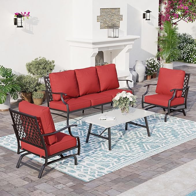 4 Piece Metal Outdoor Patio Furniture Set, Patio Conversation Set 1 3-Seater Sofa, 2 Rocking Chair with 5.75" Extra Thick Cushion and Coffee Table, Black Frame Backyard Furniture, Red