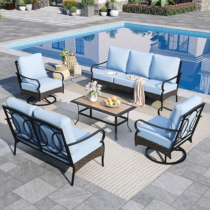 Sophia & William Patio Furniture Set, 5 Piece Metal Outdoor Conversation Set with 3-Seater Outdoor Couch, 2 Swivel Chairs, 1 Loveseat,1 Coffee Table for Outdoor Seating, Backyard, Porch(Blue)