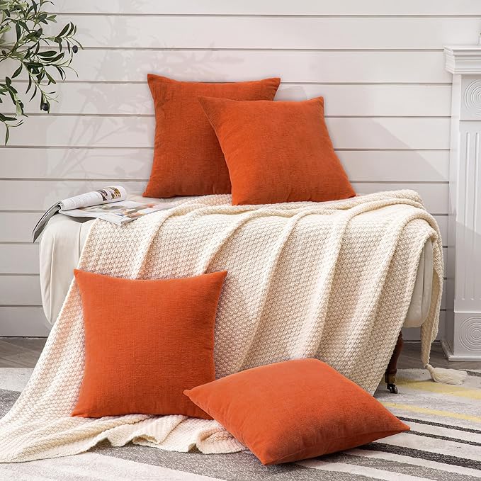 GAWAMAY Decorative Square Throw Pillow Covers 18"x18" Inch Set of 4, Super Soft Chenille Pillows Farmhouse Fall Pillowcase for Living Room Bedroom Sofa Couch Cushion Cover Burnt Orange 45x45cm