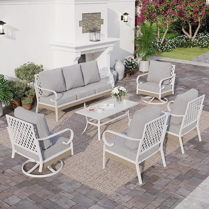 6 Piece Metal Outdoor Patio Furniture Set, Patio Conversation Set 1 3-Seater Couch, 2 Fixed Sofa, 2 Swivel Sofa with 5.75" Thick Cushion and Coffee Table White Backyard Furniture, Gray