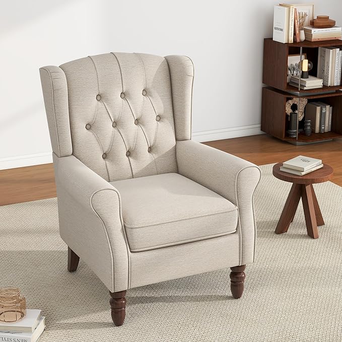 UIXE High Back Accent Chair, Upholstered Armchair in Fabric for Living Room, Retro Wingback Arm Chair Comfy Single Sofa Bedroom Reading Seat with Solid Wood Legs - Beige