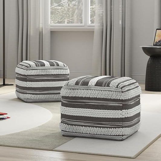 SIMPLIHOME Sommer Boho Square Pouf in Natural/Taupe Grey Handloom Woven Pattern for the Living Room, Bedroom and Kids Room