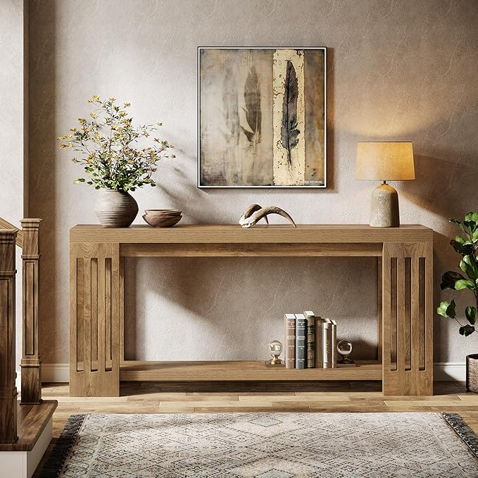 Tribesigns Farmhouse Console Table, 70.9-Inch Sofa Table Behind Couch with Vertical Stripe Legs, 2-Tier Entryway Accent Furniture for Living Room, Hallway, Entrance, Foyer, Light Brown
